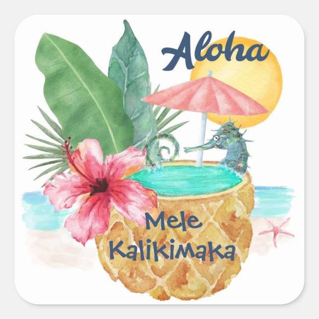 Seahorse Pineapple Mele Kalikimaka Beach Christmas Square Sticker (Front)