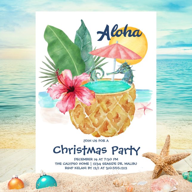 Seahorse Pineapple Pool Tropical Beach Christmas  Invitation (Creator Uploaded)
