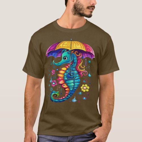 Seahorse Rainy Day With Umbrella T_Shirt
