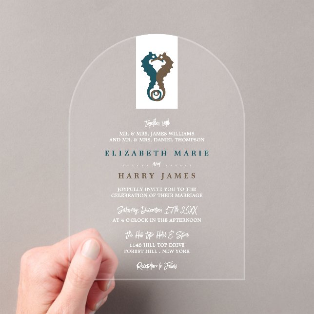 Seahorse Romance, Beach Wedding Acrylic Invitations (Insitu (Handheld))