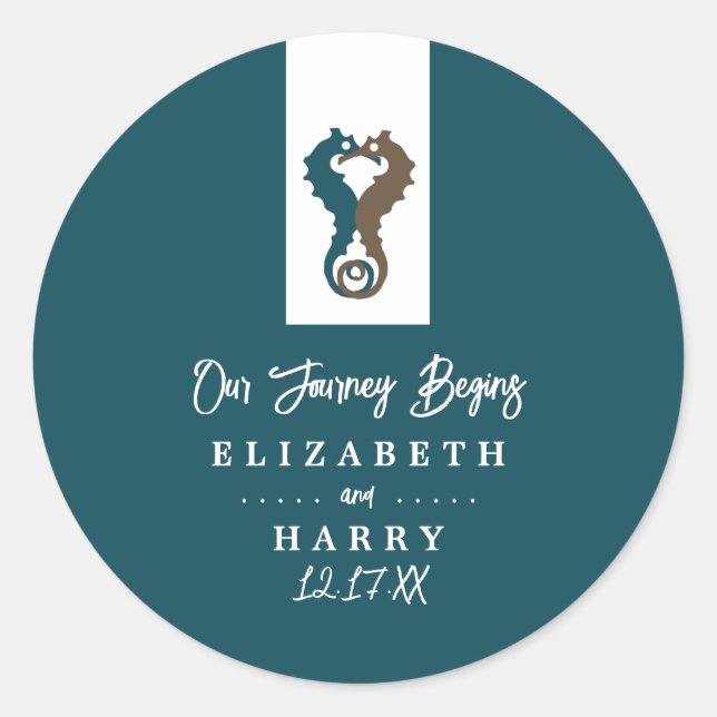 Seahorse Romance, Beach Wedding Classic Round Sticker (Front)