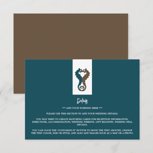Seahorse Romance, Beach Wedding Detail Enclosure Card (Front/Back)