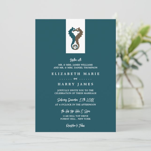 Seahorse Romance, Beach Wedding Invitation (Standing Front)