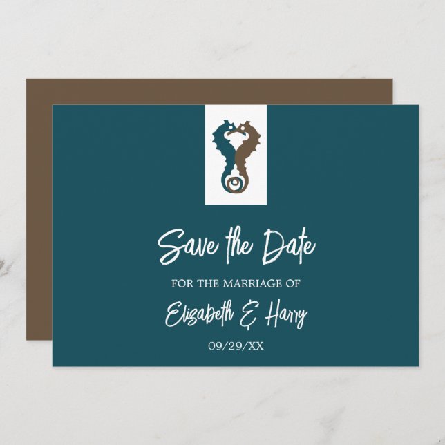 Seahorse Romance, Beach Wedding Save The Date (Front/Back)
