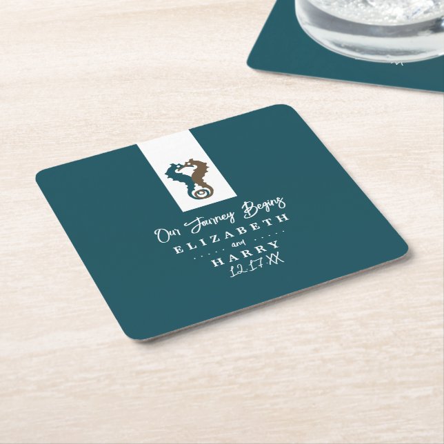 Seahorse Romance, Beach Wedding Square Paper Coaster (Angled)