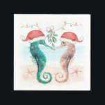 Seahorse Santa Coastal Christmas Kiss Beach   Napkins<br><div class="desc">Coastal theme Christmas napkins feature a watercolor seahorse couple on the beach wearing Santa hats and kissing under mistletoe. Visit my "Seahorse Coastal Christmas Kiss" collection for coordinating greeting cards,  invitations,  party supplies,  decor and more. Art by KL Stock.</div>