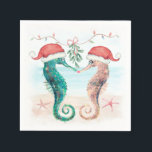 Seahorse Santa Coastal Christmas Kiss Beach   Napkins<br><div class="desc">Coastal theme Christmas napkins feature a watercolor seahorse couple on the beach wearing Santa hats and kissing under mistletoe. Visit my "Seahorse Coastal Christmas Kiss" collection for coordinating greeting cards,  invitations,  party supplies,  decor and more. Art by KL Stock.</div>