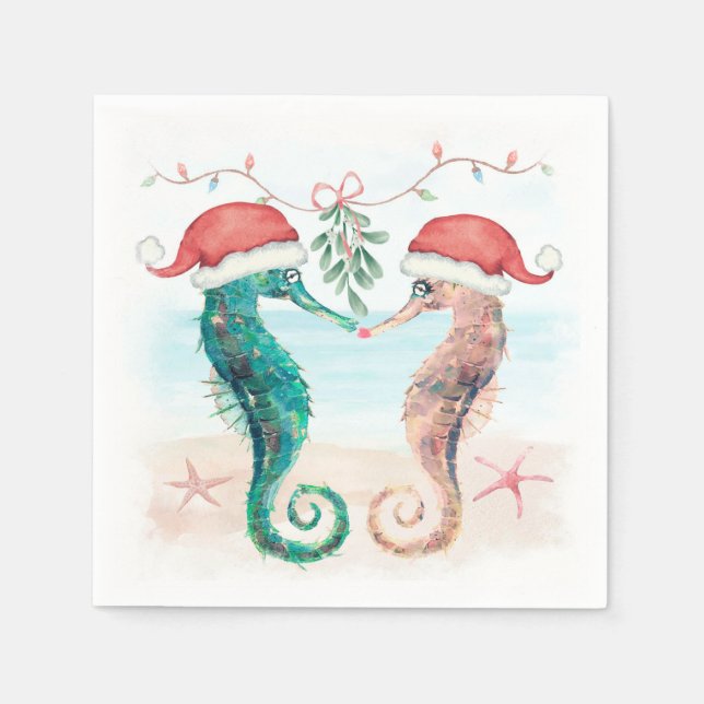Seahorse Santa Coastal Christmas Kiss Beach   Napkins (Front)