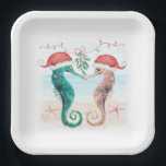Seahorse Santa Coastal Christmas Kiss Beach Paper Plates<br><div class="desc">Coastal theme Christmas paper plates feature a watercolor seahorse couple on the beach wearing Santa hats and kissing under mistletoe. Visit my "Seahorse Coastal Christmas Kiss" collection for coordinating invitations,  cards,  party supplies,  decor and more. Art by KL Stock.</div>