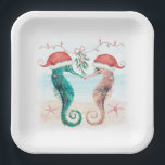 Seahorse Santa Coastal Christmas Kiss Beach Paper Plates<br><div class="desc">Coastal theme Christmas paper plates feature a watercolor seahorse couple on the beach wearing Santa hats and kissing under mistletoe. Visit my "Seahorse Coastal Christmas Kiss" collection for coordinating invitations,  cards,  party supplies,  decor and more. Art by KL Stock.</div>