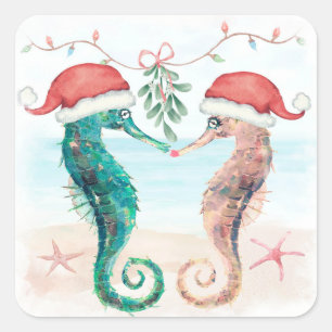 Seahorse Santa Coastal Christmas Kiss Beach  Square Sticker