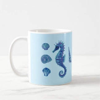 Seahorse & Sea Shells (Blue & Turquoise) Coffee Mug