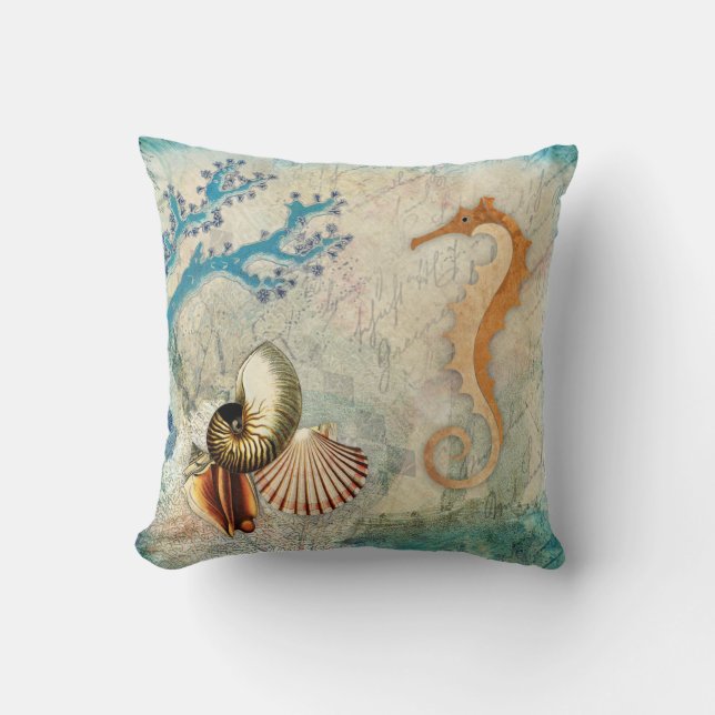 Seahorse Sea Shells Throw Pillow (Front)
