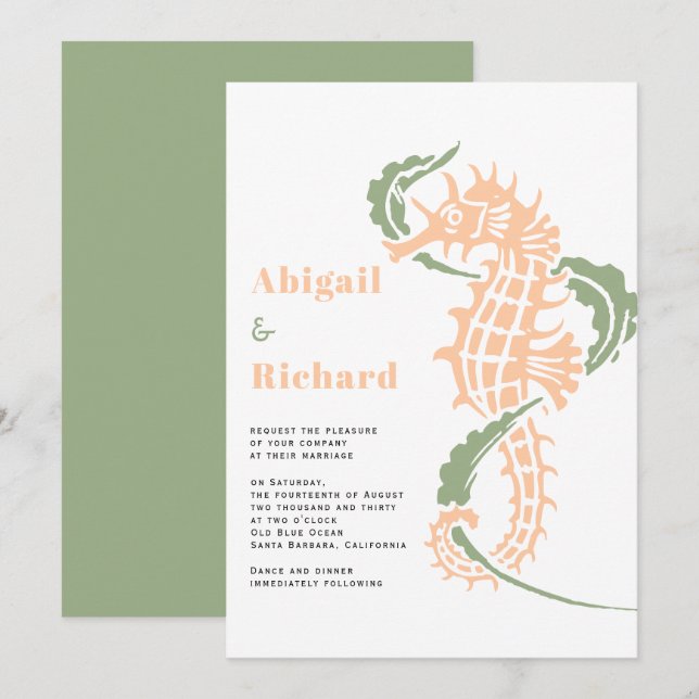 Seahorse, seaweed peach, sage green beach wedding invitation (Front/Back)