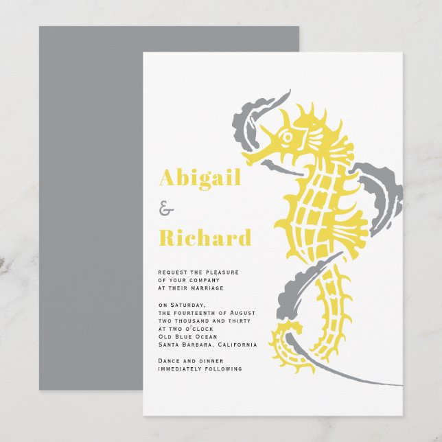 Seahorse, seaweed yellow and gray beach wedding invitation (Front/Back)