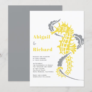 Seahorse, seaweed yellow and gray beach wedding invitation