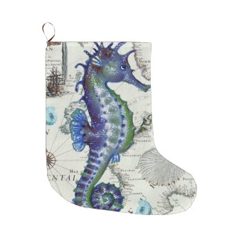 Seahorse Shabby Blue Nautical Large Christmas Stocking by EveyArtStore at Zazzle