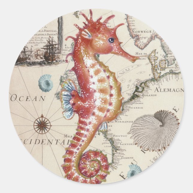 Seahorse Shabby Classic Round Sticker (Front)