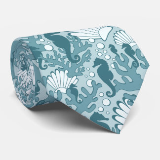 Seahorse Shell Coral Pattern Teal Neck Tie
