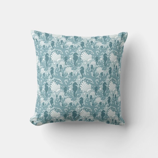 Seahorse Shell Coral Pattern Teal Throw Pillow (Front)