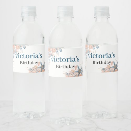 Seahorse shell under the sea Blue Birthday For Kid Water Bottle Label