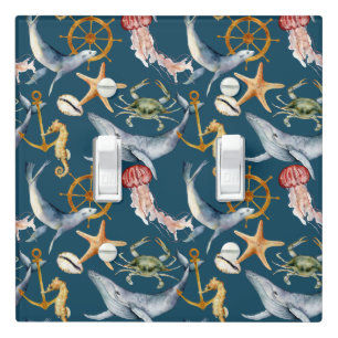 Seahorse, Ships Wheel Starfish on Blue Light Switch Cover