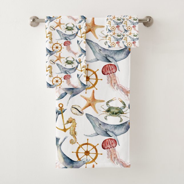 Seahorse, Ships Wheel, whales, Crab, Starfish  Bath Towel Set (Insitu)