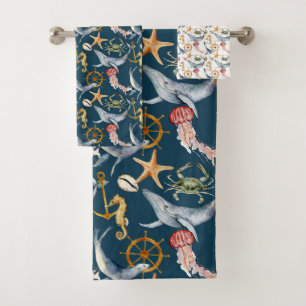 Seahorse, Ships Wheel, whales, Crab, Starfish Blue Bath Towel Set