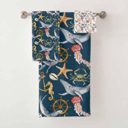 Seahorse Ships Wheel whales Crab Starfish Blue Bath Towel Set