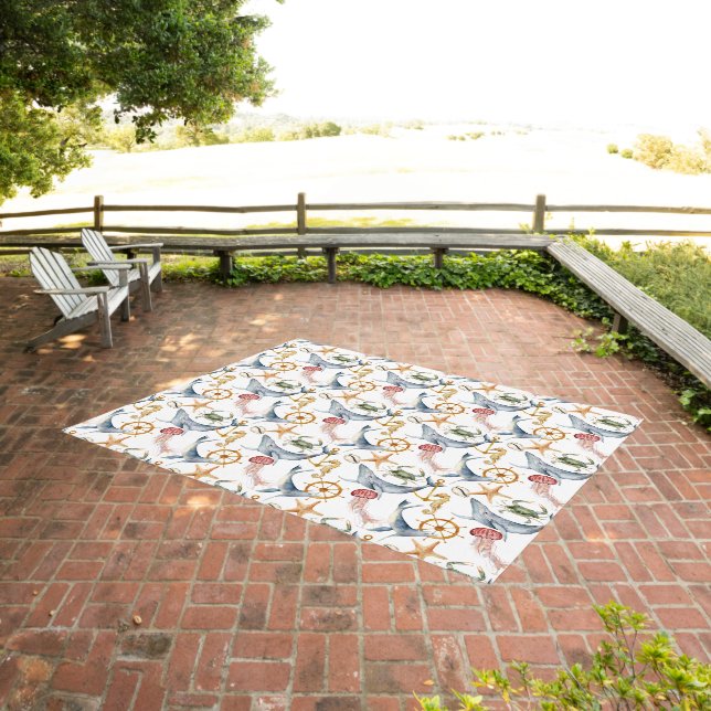 Seahorse, Ships Wheel, whales, Crab, Starfish  Outdoor Rug (Insitu (Outdoor 3))