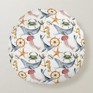Seahorse, Ships Wheel, whales, Crab, Starfish Round Pillow