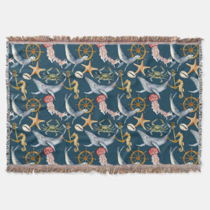 Seahorse, Ships Wheel, whales, Crab, Starfish Throw Blanket