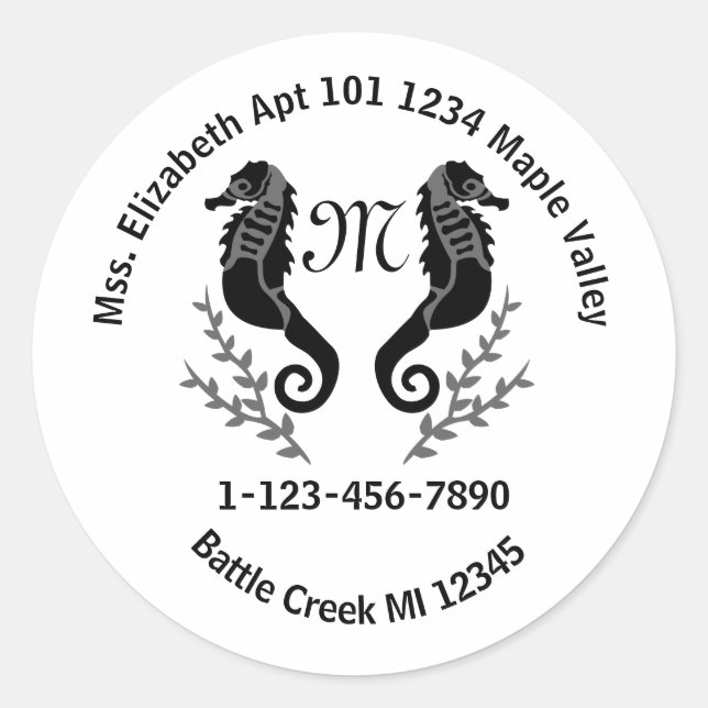 Seahorse Silhouette Monogram Phone Contact Info Ke Classic Round Sticker (Front)