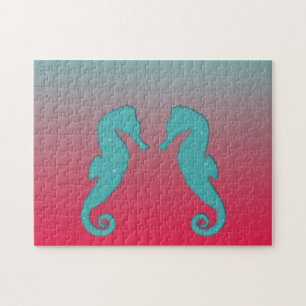 Seahorse silhouettes Turquoise aqua Nautical Jigsaw Puzzle