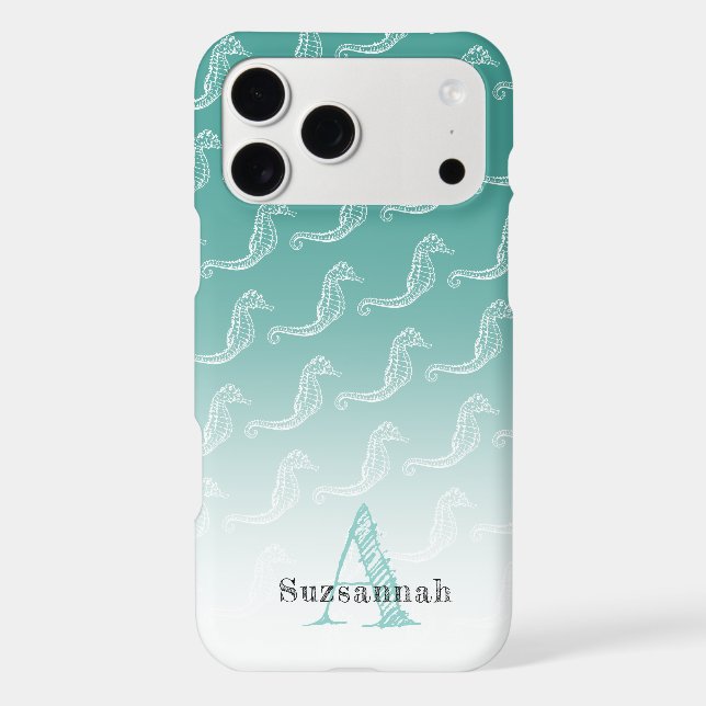 Seahorse Skeleton Pattern Sea Green Monogram Name iPhone Case (Back)