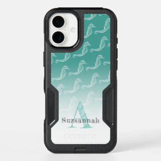 Seahorse Skeleton Pattern Sea Green Monogram Name iPhone 16 Plus Case