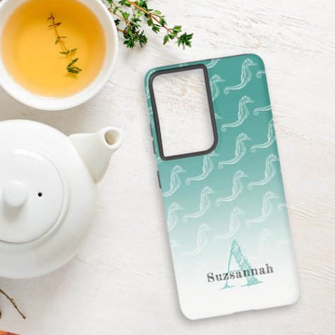 Seahorse Skeleton Pattern Sea Green Monogram Name