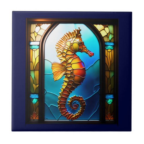 Seahorse stained glass window 3D beach aquatic Ceramic Tile
