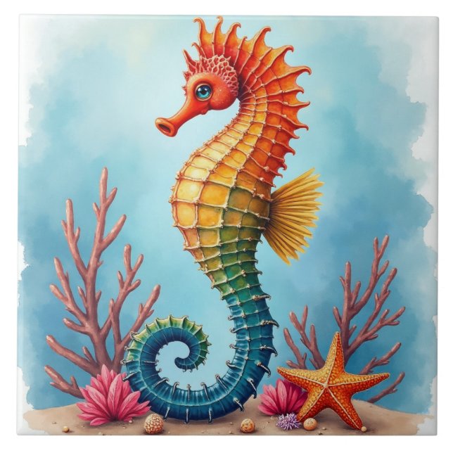 Seahorse, Starfish and Coral Ceramic Tile (Front)