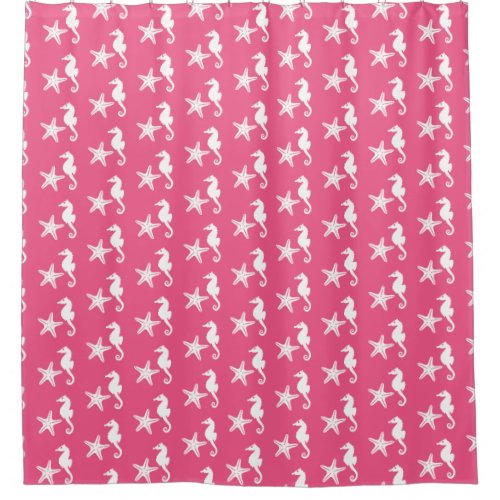 Seahorse  starfish _ Coral Pink and White Shower Curtain