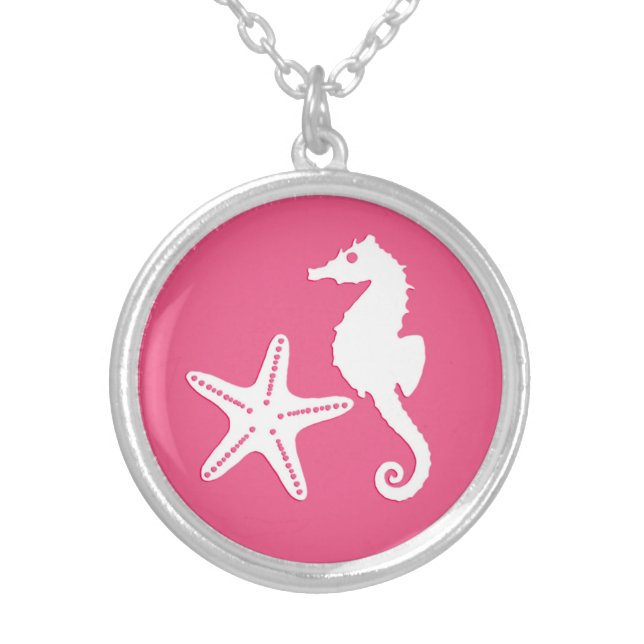 Seahorse & starfish - Coral Pink and White Silver Plated Necklace (Front)