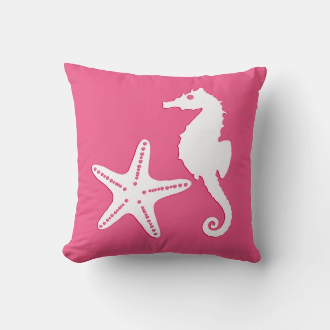 Seahorse & starfish - Coral Pink and White Throw Pillow (Front)