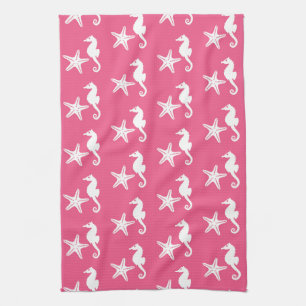 Seahorse & starfish - Coral Pink and White Towel
