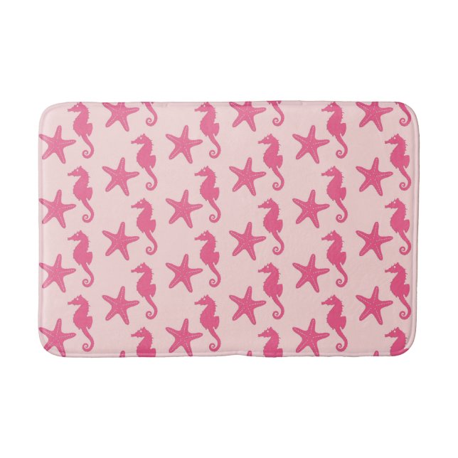 Seahorse & starfish - coral pink bathroom mat (Front)