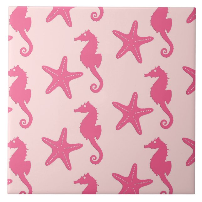 Seahorse & starfish - coral pink ceramic tile (Front)