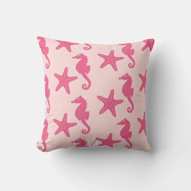 Seahorse & starfish - coral pink throw pillow (Front)