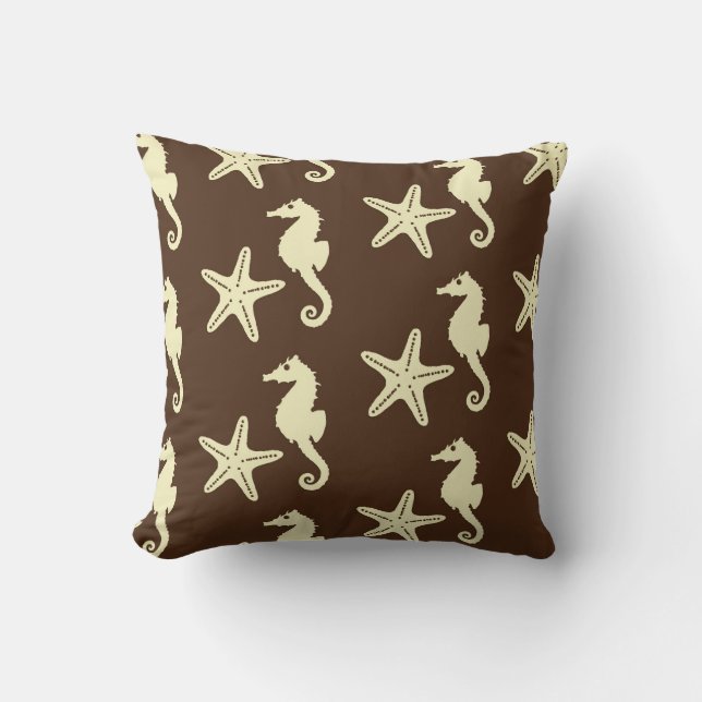 Seahorse & starfish - dark brown and beige throw pillow (Front)