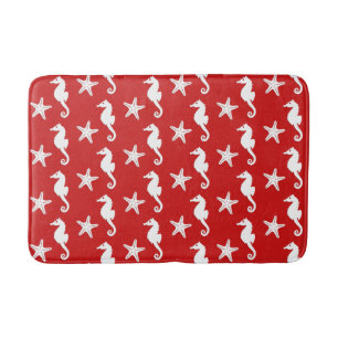 Seahorse & starfish - dark coral red and white bathroom mat