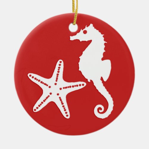 Seahorse  starfish _ dark coral red and white ceramic ornament