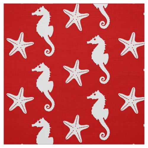 Seahorse  starfish _ dark coral red and white fabric